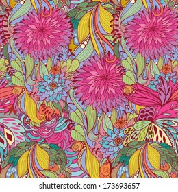 Magic seamless pattern with abstract flowers and feathers. 