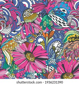 Magic seamless pattern with abstract flowers and feathers in fresh color palette. Endless background. Ethnic seamless pattern. Vector backdrop. Summer template. 