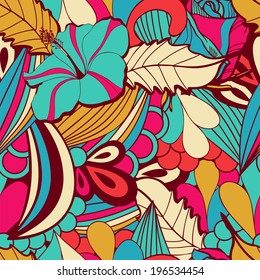 Magic seamless pattern with abstract flowers and feathers. Ethnic seamless pattern. Summer template. Used for wallpaper, pattern fills, web page background,surface textures.
