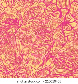 Magic seamless pattern with abstract flowers and feathers. Endless background. Ethnic seamless pattern. Vector backdrop. Summer template. Use for wallpaper,pattern fills, web page background.