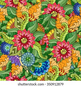 Magic seamless pattern with abstract flowers. Endless background. Boho seamless pattern. Vector backdrop. Summer template. Use for wallpaper, web page background