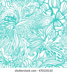 Magic seamless pattern with abstract flowers and feathers in mint colors
