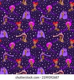 Magic Seamless Pattern with African American Beautiful Woman Faces with different Coiffures on Starry Sky Background