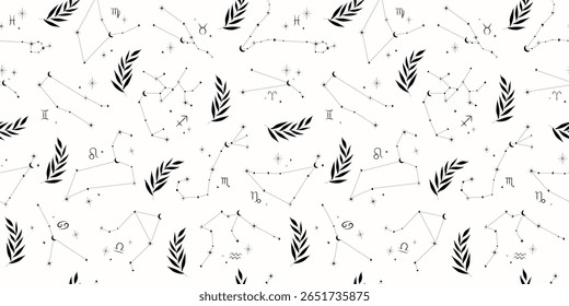 Padrão mágico sem emenda com constelações do zodíaco da astrologia, crescente, estrelas e ramo floral. Fundo elegante boho vetor. Concepção da cobertura de superfície. Impressão têxtil de tecido.