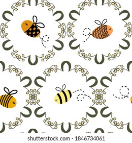 Magic Seamless pattern with bee in the circle. Vector Illustration.