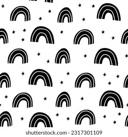 Magic Seamless pattern with black and white rainbows and stars on a white background. Trendy minimalist pattern