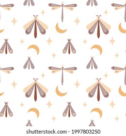 Magic seamless pattern  boho butterfly, moth, dragonfly with moon, star,eye isolated on white background. Vector flat illustration. Bohemian design  wrapping, textile, wallpaper, backdrop, packaging