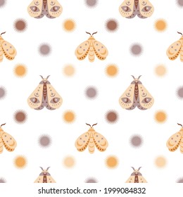 Magic seamless pattern  boho butterfly, moth with sun, moon, star,eye isolated on white background. Vector flat illustration. Bohemian design for wrapping, textile, wallpaper, backdrop, packaging