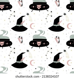 Magic seamless pattern. Boho esoteric and celestial print, witch isolated objects. Hand drawn doodle magician textile. Hat, cauldron and cristal elements. Wallpaper and fabric, white vector background