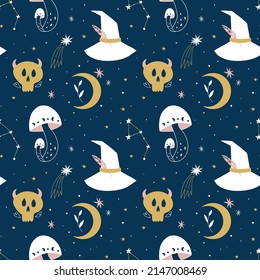 Magic seamless pattern. Boho esoteric and celestial print, witch isolated objects. Hand drawn doodle magician textile. Hat, moon and skull elements. Wallpaper and fabric, blue vector background