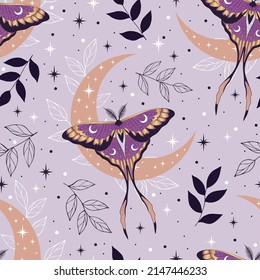 Magic seamless pattern with butterflies and crescents. Boho magic background with violet space elements stars, moth. Trendy texture for print, textile, packaging.