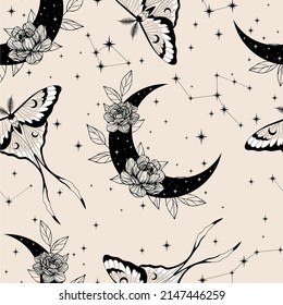 Magic seamless pattern with butterflies and crescents. Boho magic background with black space elements stars, moth. Trendy texture for print, textile, packaging.