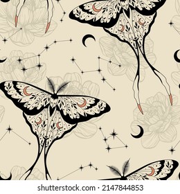 Magic seamless pattern with butterflies and crescents. Boho magic background with black space elements stars, moth. Trendy texture for print, textile, packaging.