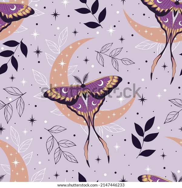 Magic seamless pattern with butterflies and crescents. Boho magic background with violet space elements stars, moth. Trendy texture for print, textile, packaging.