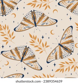 Magisches nahtloses Muster mit Schmetterlingen und Blättern. Boho magischer Hintergrund mit Raumelementen Sterne, Moth. Trendfarbene Textur für Druck, Textilien, Verpackung.