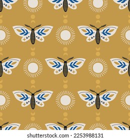 Magic seamless pattern with butterflies, sun and moon on gold background. Perfect for greeting card, celestial decoration, wallpaper, wrapping paper, fabric. Vector illustration