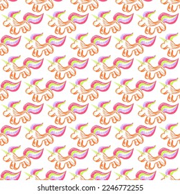 Magic seamless pattern. Children's drawings with wax crayons. Unicorns. Print
