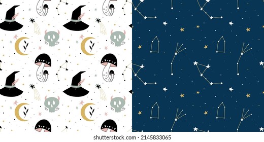 Magic seamless pattern collection. Boho esoteric and celestial print, constellations stars and witch isolated objects. Hand drawn doodle magician textile. Wallpaper and fabric, vector background