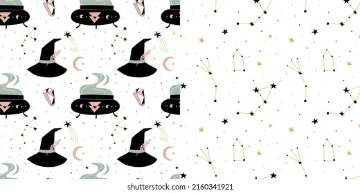 Magic seamless pattern collection. Boho esoteric and celestial print, constellations stars and witch isolated objects. Hand drawn doodle magician textile. Wallpaper and fabric vector background