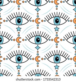 Magic seamless pattern with colorful third eyes.Mystic vector background.Mystery boho seamless pattern.Textile texture with magic eyes