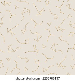 Magnífico patrón sin fisuras con constelación y estrellas de fondo beige. Perfecto para tarjetas de felicitación, decoración celeste, papel pintado, papel de envoltura, tela. Ilustración del vector