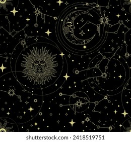 Magic seamless pattern with constellations, crescent, sun and stars. Boho mystical esoteric. Vector illustration black background for fabric design, packaging, astrology, design cusion, wrapping paper