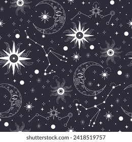 Magic seamless pattern with constellations, crescent, sun and stars. Boho mystical esoteric. Vector illustration dark background for design of fabric, packaging, astrology, phone case, wrapping paper.