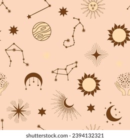 Magic seamless pattern with constellations, sun, moon, magic eyes, clouds and stars. Mystical esoteric background for design