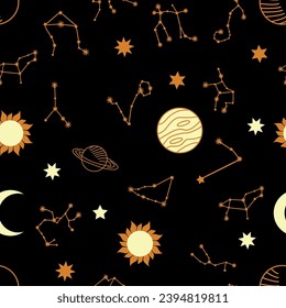 Magic seamless pattern with constellations, sun, moon, magic eyes, clouds and stars. Mystical esoteric background for design