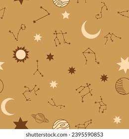 Magic seamless pattern with constellations, sun, moon, magic eyes, clouds and stars. Mystical esoteric background for design