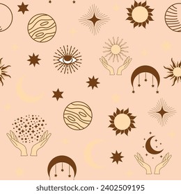 Magic seamless pattern with constellations, sun, moon, magic eyes, clouds and stars. Mystical esoteric background for design