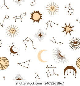 Magic seamless pattern with constellations, sun, moon, magic eyes, clouds and stars. Mystical esoteric background for design