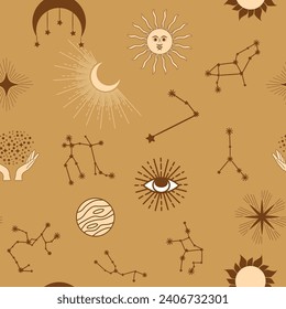 Magic seamless pattern with constellations, sun, moon, magic eyes, clouds and stars. Mystical esoteric background for design