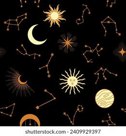 Magic seamless pattern with constellations, sun, moon, magic eyes, clouds and stars. Mystical esoteric background for design