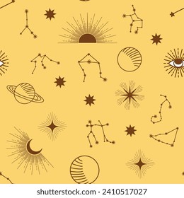Magic seamless pattern with constellations, sun, moon, magic eyes, clouds and stars. Mystical esoteric background for design