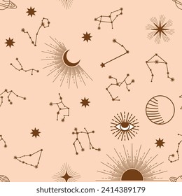 Magic seamless pattern with constellations, sun, moon, magic eyes, clouds and stars. Mystical esoteric background for design