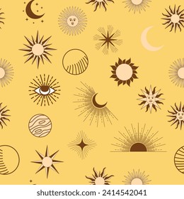 Magic seamless pattern with constellations, sun, moon, magic eyes, clouds and stars. Mystical esoteric background for design