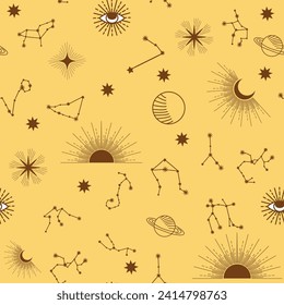 Magic seamless pattern with constellations, sun, moon, magic eyes, clouds and stars. Mystical esoteric background for design