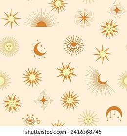 Magic seamless pattern with constellations, sun, moon, magic eyes, clouds and stars. Mystical esoteric background for design