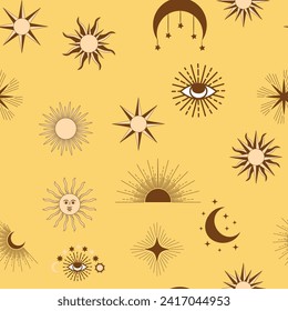 Magic seamless pattern with constellations, sun, moon, magic eyes, clouds and stars. Mystical esoteric background for design