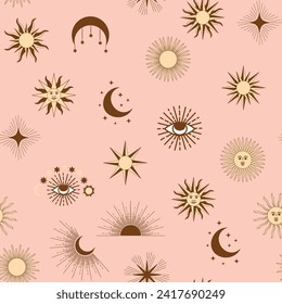 Magic seamless pattern with constellations, sun, moon, magic eyes, clouds and stars. Mystical esoteric background for design