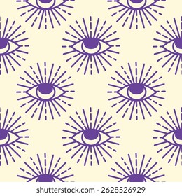 Padrão mágico sem emenda com constelações, sol, lua, olhos mágicos, nuvens e estrelas. Fundo esotérico místico para design