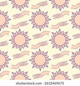 Padrão mágico sem emenda com constelações, sol, lua, olhos mágicos, nuvens e estrelas. Fundo esotérico místico para design