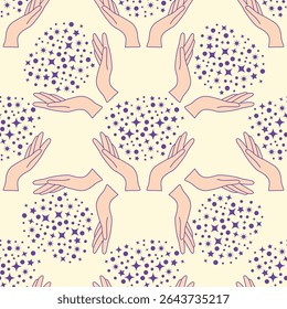 Padrão mágico sem emenda com constelações, sol, lua, olhos mágicos, nuvens e estrelas. Fundo esotérico místico para design