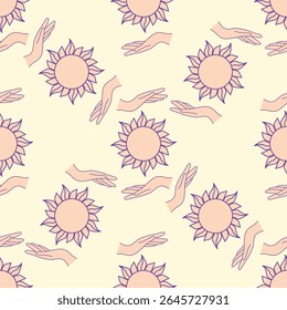 Padrão mágico sem emenda com constelações, sol, lua, olhos mágicos, nuvens e estrelas. Fundo esotérico místico para design