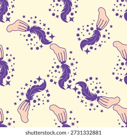 Magic seamless pattern with constellations, sun, moon, magic eyes, clouds and stars. Mystical esoteric background for design