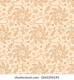 Magic seamless pattern with cute sun on beige background. Mystical ornament with floral, stars, clouds, and cute face of sun. Vector Illustration in doodle style.