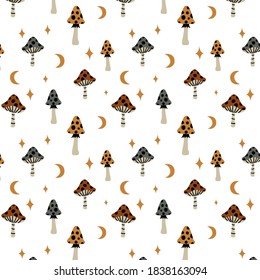 Magic seamless pattern design with mushrooms, stars and moons. Pattern design for kids prints, clothes, fabric, textile, wrapping paper. Neutral baby pattern. Vector seamless pattern