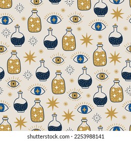 Magic seamless pattern with eyes, potion and stars on beige background. Perfect for greeting card, celestial decoration, wallpaper, wrapping paper, fabric. Vector illustration