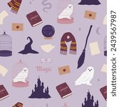 Magic. Seamless pattern. Fairy tales, castle, owl, book, broom. Vector